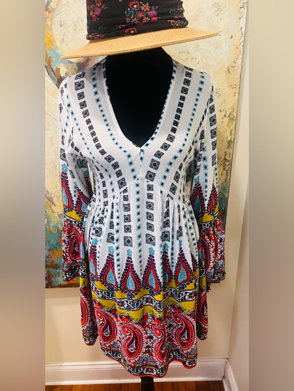 Boho Paisley Babydoll Dress Tunic Bell Sleeve Festival Mini Medium - Picture 3 of 14